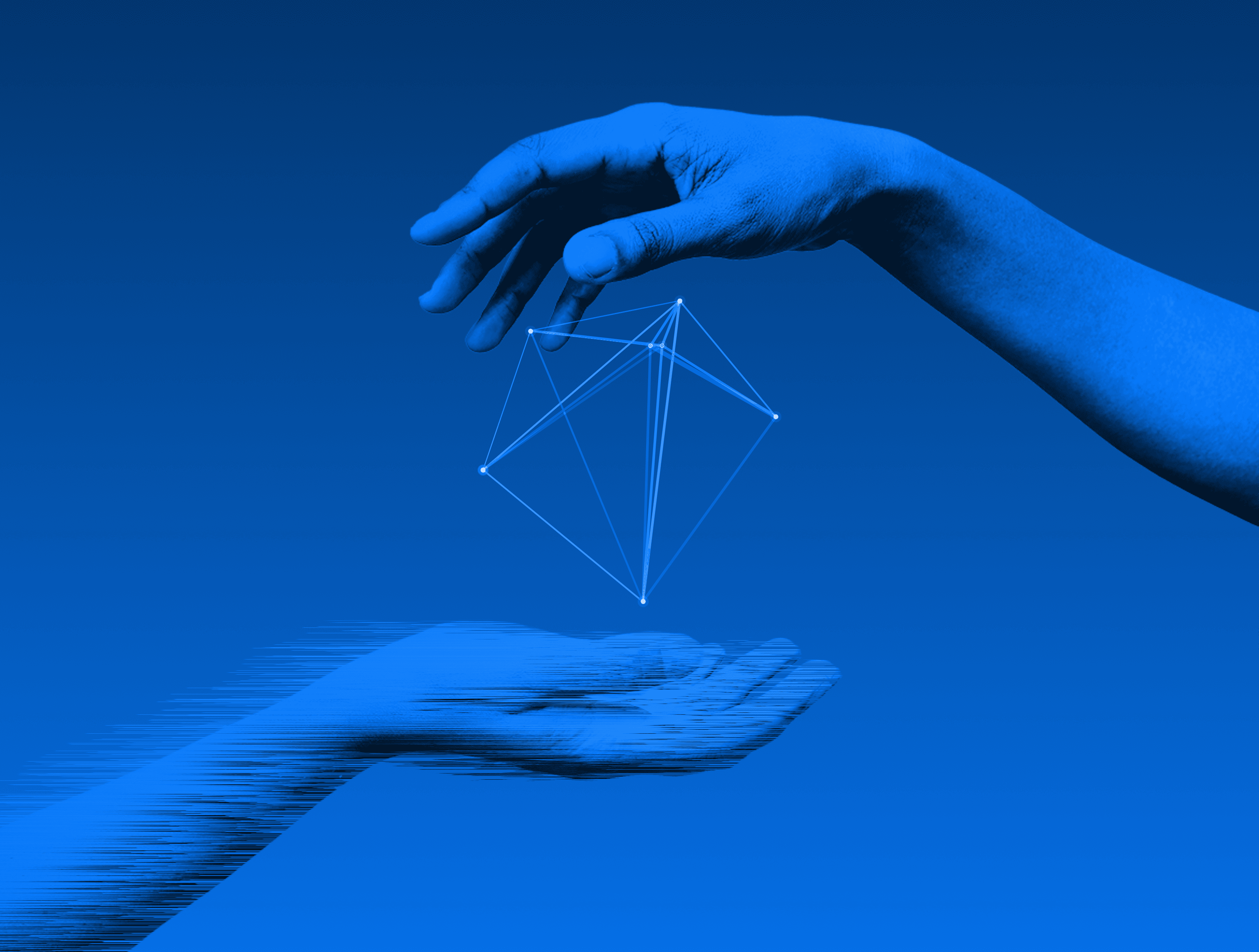 Two blue hands holding a connected geometric framework.